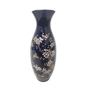 Vintage Artmark Cobalt Blue Gold Accent Floral Bird Vase Japanese Art Ceramic